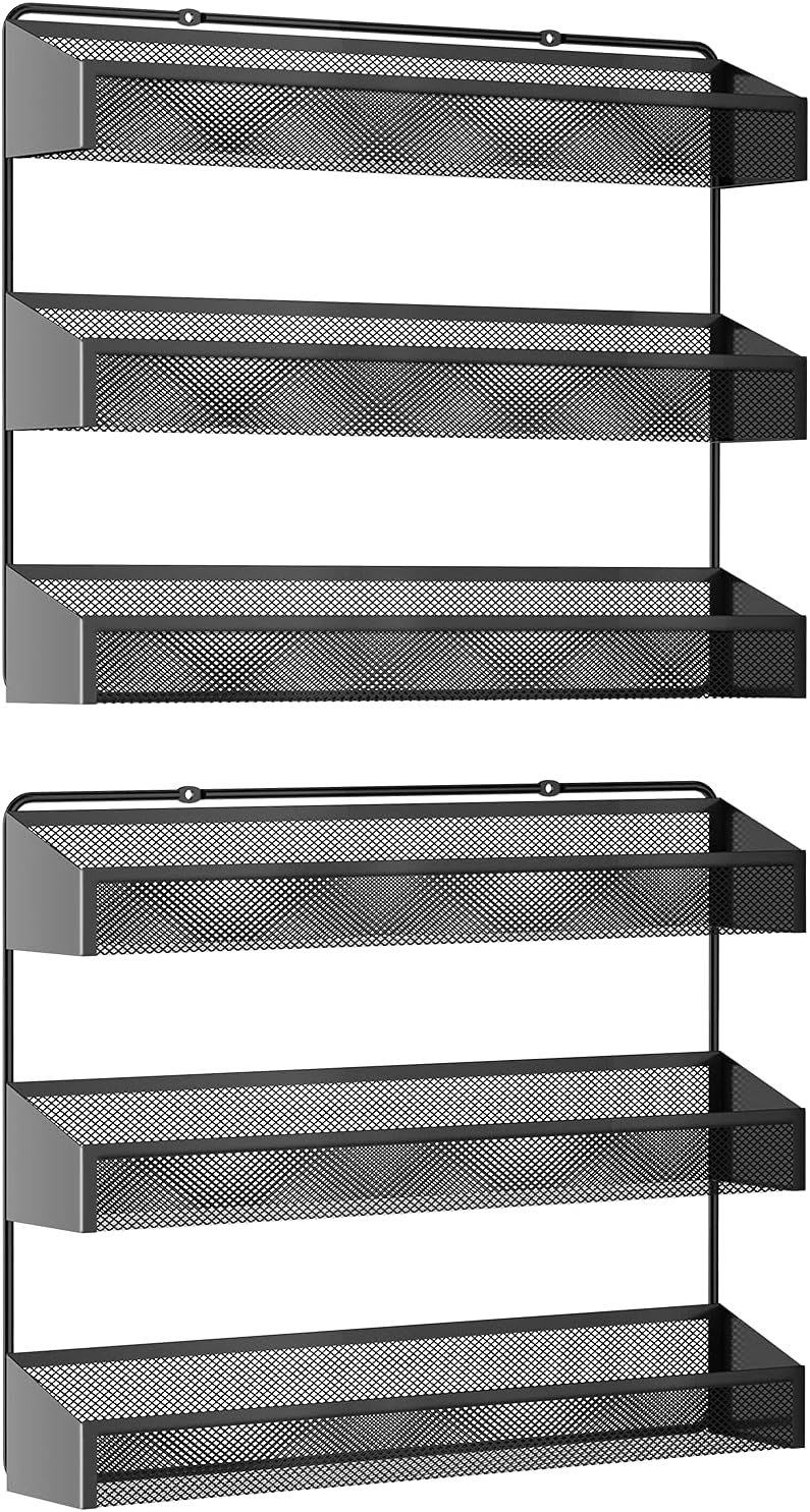 AULEDIO 2 Pack Spice Rack Organizer, 3 Tier Counter-top Stand or Wall Mounted Storage Rack Hanging Shelf for Kitchen Cabinet, Cupboard, Pantry Door Bathroom Shower Cosmetic (Black)