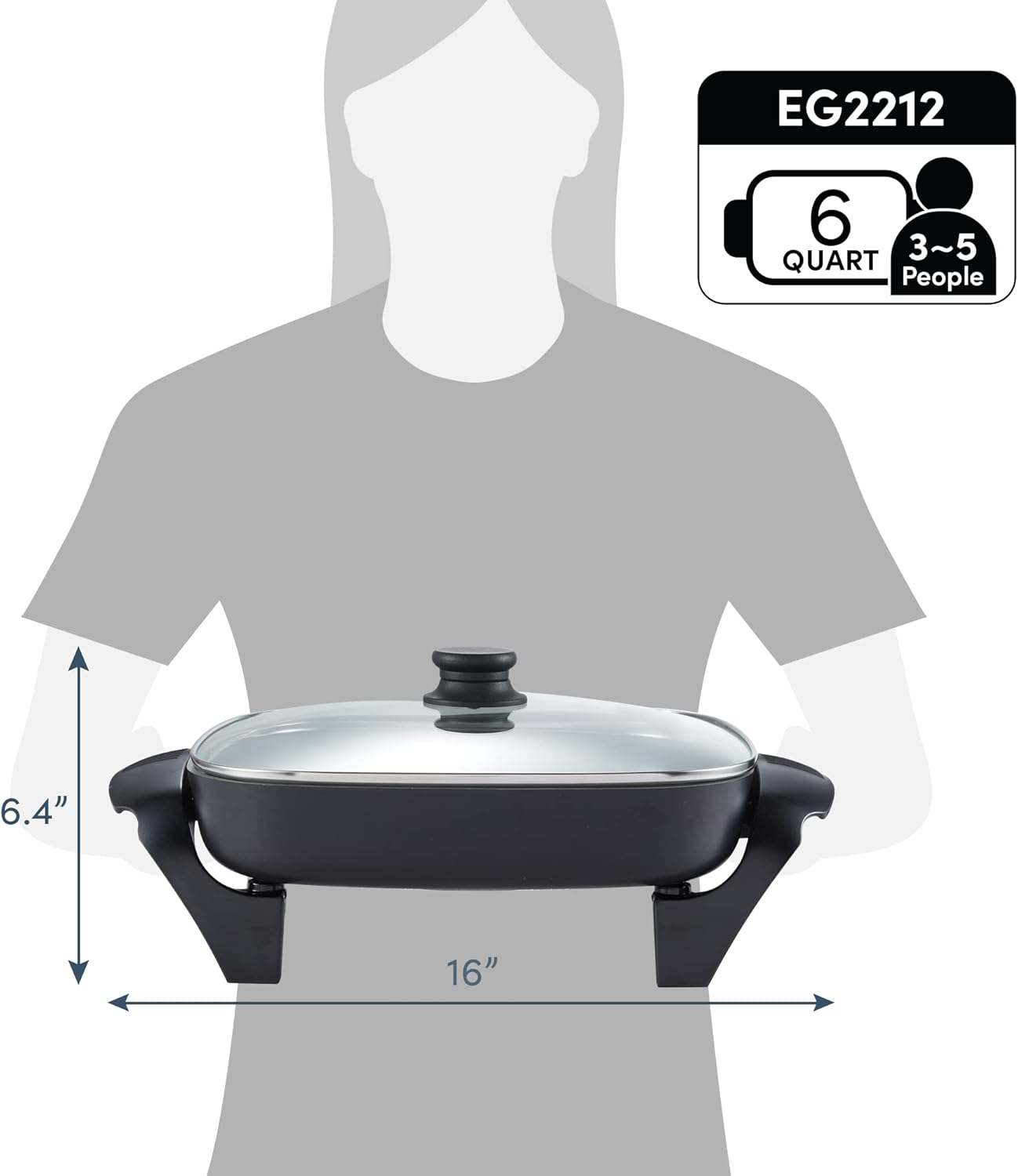 Elite Gourmet EG2212 12"x12"x2.15” Ceralast™ PFAS Free Ceramic Electric Skillet, Dishwasher Safe, Rapid Heat Up, 1200W, Dark Grey